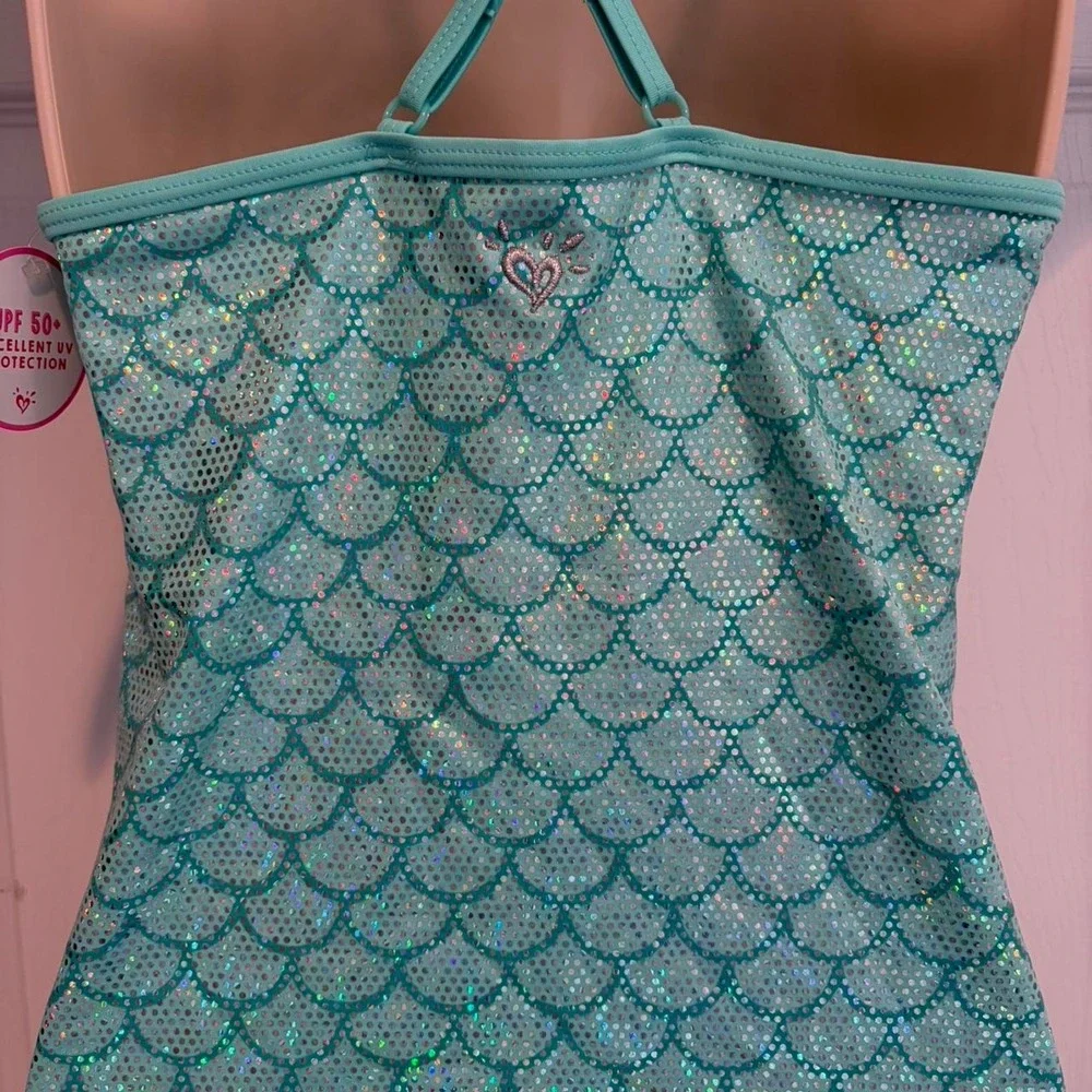 Justice Mermaid Scale One Piece Swimsuit Girls 20 NWT Aqua Glitter Y2K Fairy